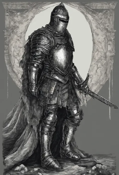 Illustration based on the referenced medieval fantasy knight. The knight is in the same position, vestindo uma armadura prateada completa. The cuirass is adorned with laurel designs reminiscent of the Romans. Their gauntlets and boots are made of the same ...