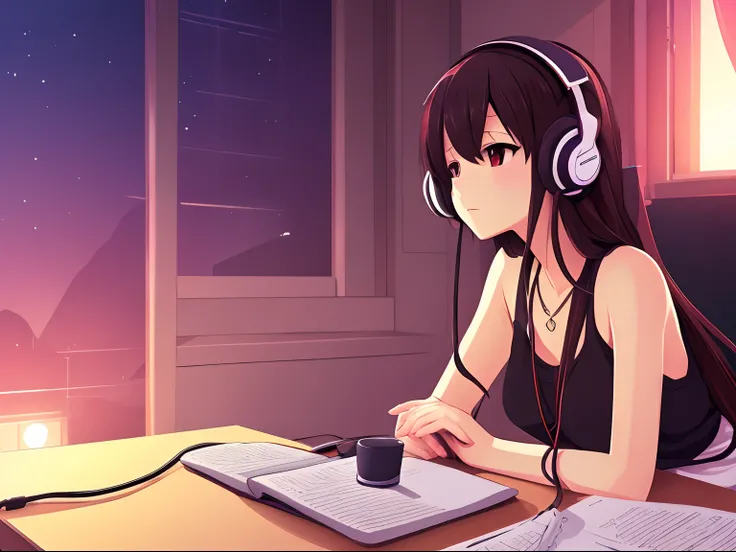 (best quality,HD,high-res,masterpiece:1.2),anime,2D-style,dark setting,girl listening to music,cozy room,nighttime,headphones,lo-fi aesthetic