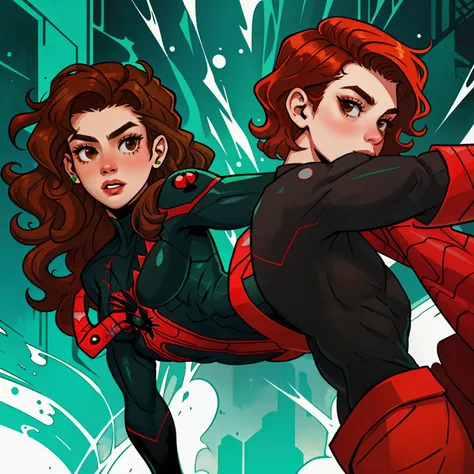 spider verse comic panel, 18 year old girl with long ginger wavy hair lower back length, brown eyes, white, tomboy, red and black with a little green spider suit,