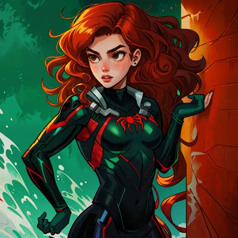 spider verse comic panel, 18 year old girl with long ginger wavy hair lower back length, brown eyes, white, tomboy, red and black with a little green spider suit,