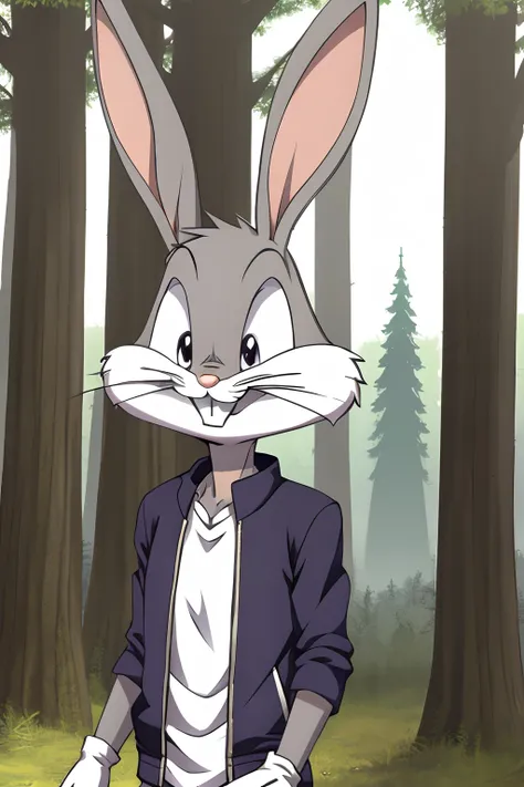 gloves, male, solo, bugs bunny, rabbit, buckteeth, forest, long ears, grey body, grey fur, white fur,furry,anime style, anime screencap, 2010s_(style), grin, forest, upper body, short-sleeved jacket with white lining,