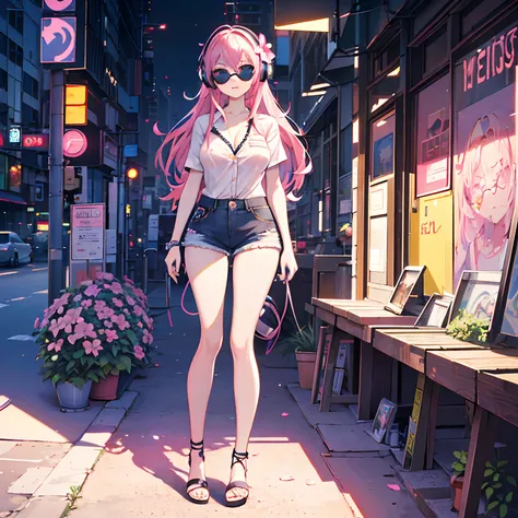 Masterpiece, best quality, (very detailed CG unity 8k wallpaper) (best quality), (best illustration), (best shadows), single female, full body, long pink hair, anime, large breasts, short sleeve button up hawaiian shirt with flowers, jean shorts, cyberpunk...