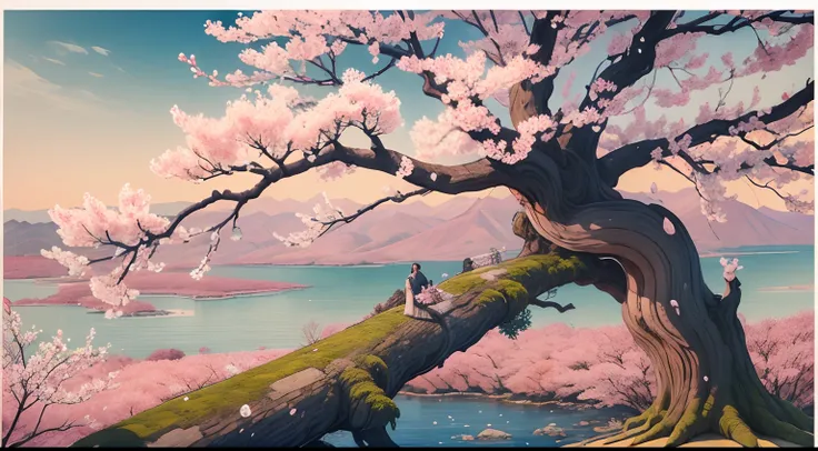 pintura ukiyoe、pintura a tinta e aquarela、obra prima、qualidade superior、Uma qualidade de imagem ultra-alta、Qualidade de imagem 4K、super precision、paisagem de neve、Cherry blossom in full bloom、Large tree、belos gradientes