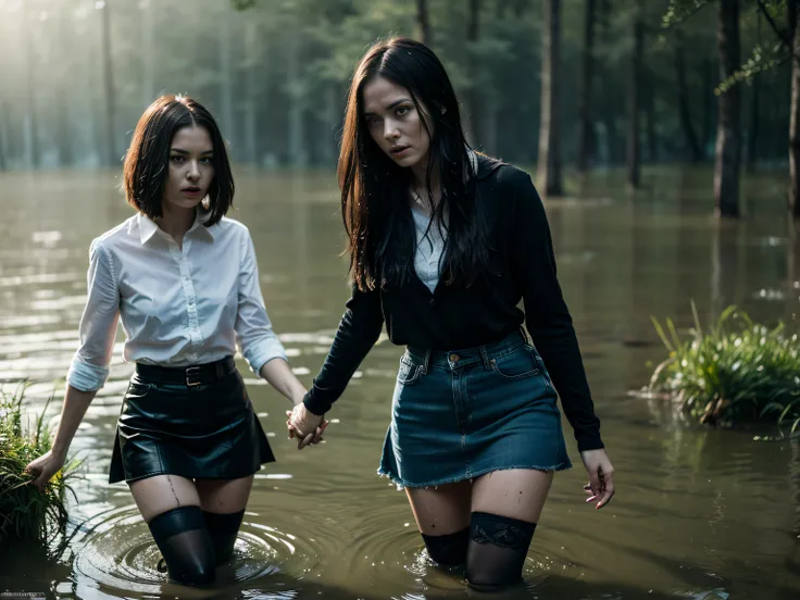 (Best Quality,hight resolution:1.2),2 Female Lovers,Expressive wrinkles,Bob haircut,morena,Redhead,Bob haircut,hairlong,jeans skirt,blouse,(dark lace stockings with garters), ( drowning in a swamp:1.4),Detailed eyes and face,expression of despair,Dark and ...