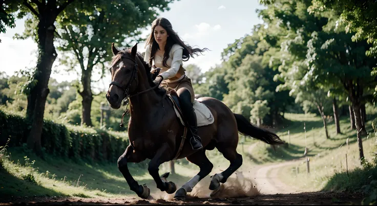 Generate a highly realistic and cinematic image of Lirael, a young woman of elven appearance, montada em um cavalo branco que galopa a toda velocidade. A cena se passa em um bosque exuberante na terra dos elfos. Lirael is galloping parallel to the cameras ...