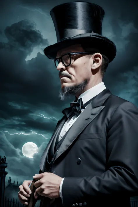 guttojugg1, close-up of a scary looking man wearing glasses, beard, black eyes, who is a creepy undertaker, wearing a tuxedo and top hat, holding a shovel, background is a full moon and bats, mood is morbid, shadowy, dreadful, gloomy, haunting, dark stormy...