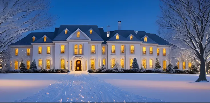 Huge mansion during winter time. Mansion decorated for Christmas
 Snow on the ground with snow falling