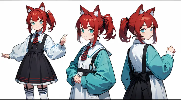 Masterpiece: 1.6, Best Quality: 1.4, Live Image: 1.2, intricate details: 1.2, Graphicsournerv2: 1.2, small girl, ((red hair color)) , (Hairstyle with two ponytails), cat ears, Cyan eyes, taut clothes, black and white striped stockings, Calm, cocky, Smiling...