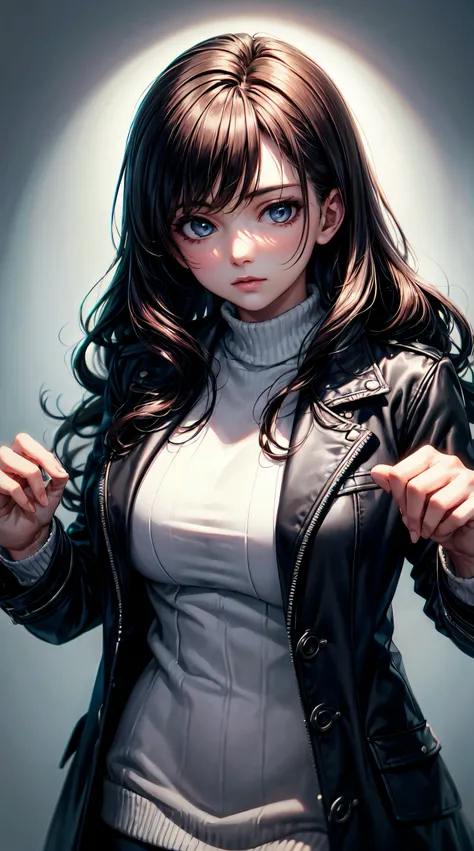 (best quality:1.5, highres, UHD, 4K, detailed lighting, shaders), black wavy hair, large breasts , woman jacket, long coat, (pov), Portrait, white background