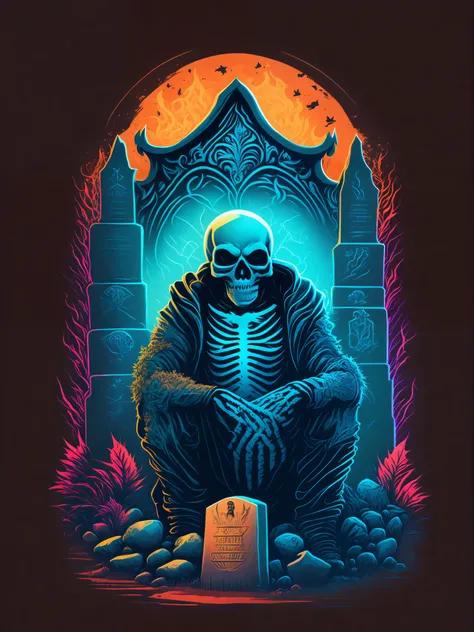 Skeleton zombie sitting in front of a gravestone, T-shirt design, vector art style, mid-journey theme, Hydro74 detailing. no text