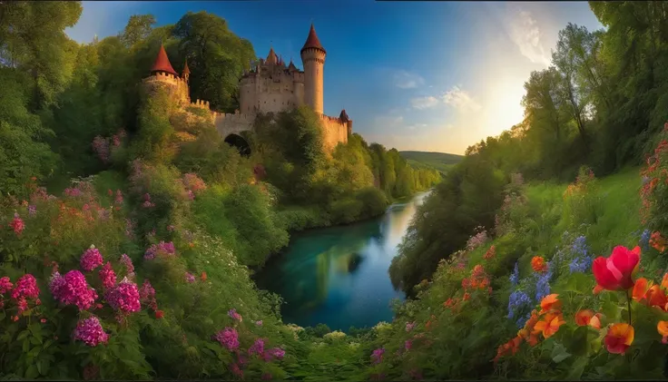 360° panoramic image, hdri, fantastical world,h a clear blue sky, lush magical forest, tranquil river, vibrant flowers, majestic castle, rolling hills, and whimsical creatures