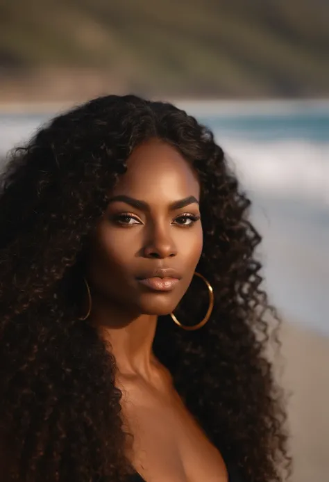 A black woman with luscious lips, almond-shaped eyes and long curly hair at the beach