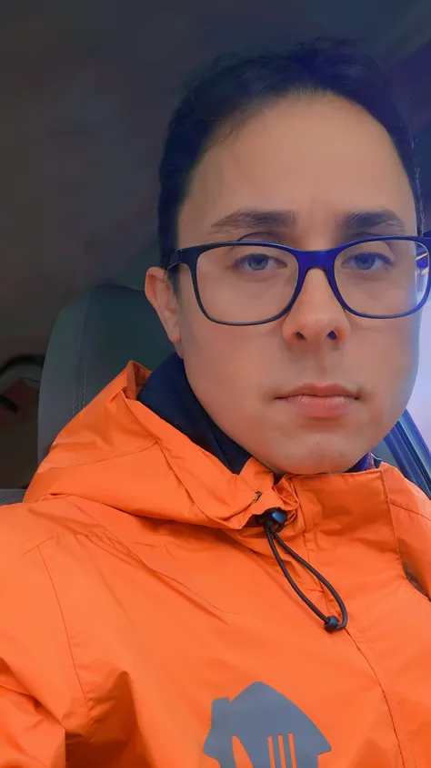 there is a man sitting in a car wearing an orange jacket, wearing a fisher 🧥, twitch streamer / gamer ludwig, profile picture 1024px, very very low quality picture, avatar image, 🦩🪐🐞👩🏻🦳, professional profile picture, (sfw) safe for work, orange jacket, wea...