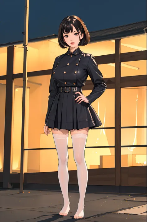 (Night:1.7), garage, bdsm uniform, no shoes,white thighhighs,see-through, oda Non,comander, black_eyes,short hair,Bangs,1 girl, Manga,Beautiful Finger,Beautiful long legs,Beautiful body,Beautiful Nose,Beautiful character design, perfect eyes, perfect face,...