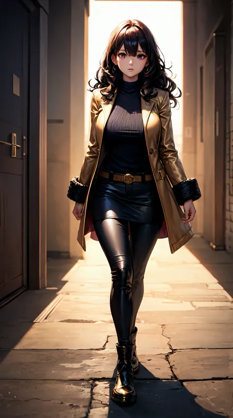 (best quality:1.5, highres, UHD, 4K, detailed lighting, shaders), beautiful girl from genshi impact, black wavy hair, large breasts , woman gold jacket, long gold coat, (pov), full body, white background