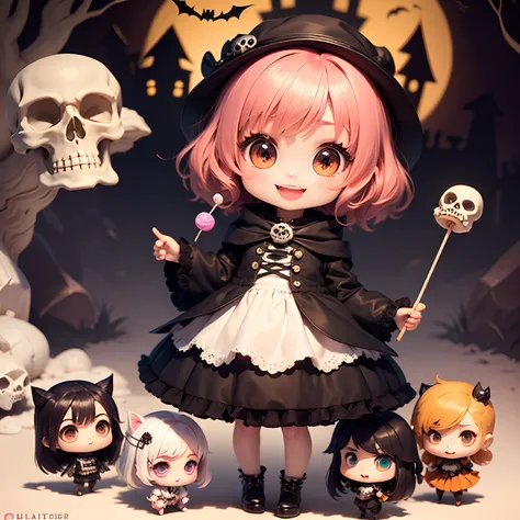 ​masterpiece、top-quality、ultra-detailliert、(Chibi Charas Daughter:1.2)、Halloween、Horror Lollipop Candy、skull、skull、(sculls:1.3)、Open your mouth and smile、Full-body standing figure、