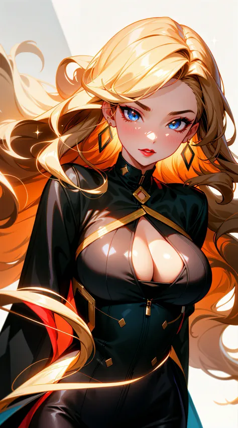 (best quality:1.5, highres, UHD, 4K, detailed lighting, shaders), black wavy hair, large breasts, woman jacket, long coat, (pov), Portrait, white background, colorful eyeshadow, dramatic lighting, sparkling eyes, red lipstick, confident expression, golden ...