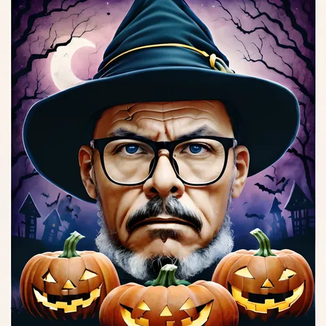 guttojugg1, close-up, man wearing glasses, Colorful paintings by Frankstein, Close-up, ((Halloween-themed aesthetics)), (Nicholas Samori style)，Composition in the play，filmposter，8K