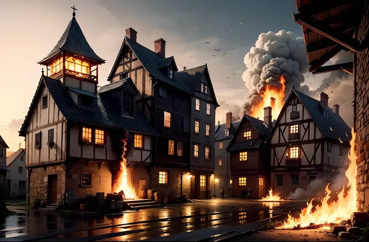 Medieval village on fire