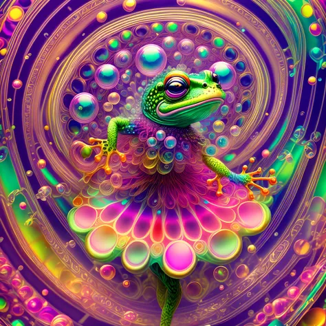 Frog ballerina full body wearing tutu doing pirouette,  psychedelic, geometric, pop-surrealism ultra detailed, hyper focused, multicolored soap bubble background , vibrant, fantasy, 64k, Alchemical Hallucination art --auto --s2