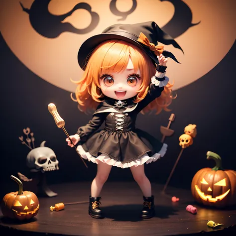 ​masterpiece、top-quality、ultra-detailliert、(Chibi Charas Daughter:1.2)、Halloween、Horror Lollipop Candy、skull、skull、(sculls:1.3)、Open your mouth and smile、Full-body standing figure、a blond、Solo.