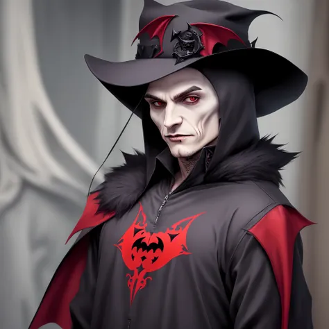 Mago vampiro roupas vermelhas com logo "VPO"