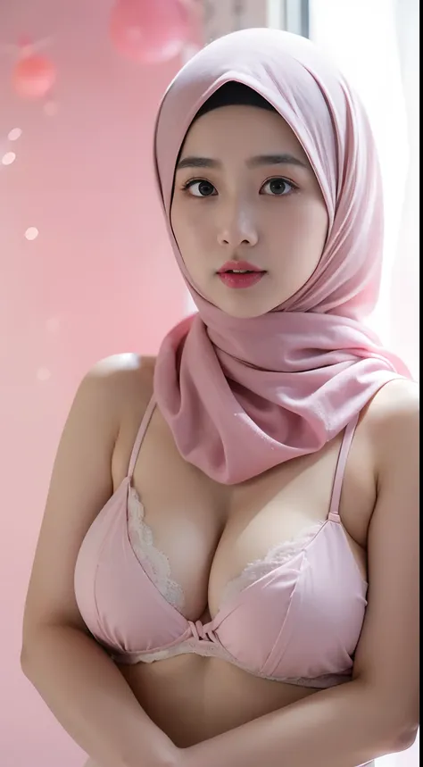 1 malay girl , modern plain hijab,  shy, medium portrait shot , watery  eyes , pink glowing particles, wear pastel pink lingerie...