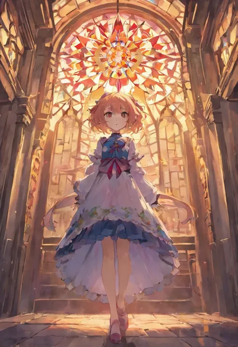 （​masterpiece、top-quality）、chies（ruins、Large amount of stained glass、Higanbana at the forefront）、teens girl（Light pink bob hair、Bud-colored eyes、frilled blouse、Dark blue lace skirt、Possessing higan flowers、Melancholy look）、8K、Contre-Jour