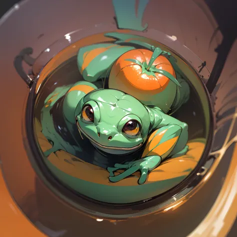 An image of a frog and a tangerine through a fisheye lens break the 4th wall in Mystic Horrorcore Style --auto --s2