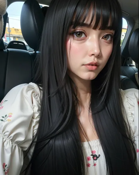 Menina de Araffe com cabelo preto longo sentado em um carro, Ulzzang, Ela tem cabelo preto com franja, O corte Hime, Sui Ishida com cabelo preto, preto hime corte cabelo, Jaeyeon Nam, Chiho, Shikami, Jinyoung Canela, com franja, cabelo arrumado com franja,...