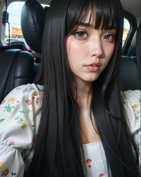 Menina de Araffe com cabelo preto longo sentado em um carro, Ulzzang, Ela tem cabelo preto com franja, O corte Hime, Sui Ishida com cabelo preto, preto hime corte cabelo, Jaeyeon Nam, Chiho, Shikami, Jinyoung Canela, com franja, cabelo arrumado com franja,...