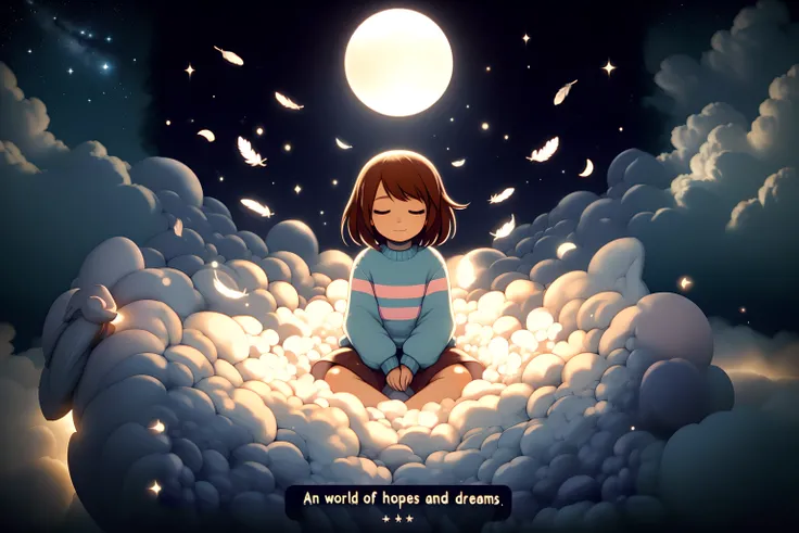 dialogue box with the words: "An world of hopes and dreams." perfect art, Frisk Fanart by Toby Fox, Distant vision, Frisk from Undertale, lost in daydreams. closed eyes, brown shorts, Set against soft clouds and distant gaze, embodying a tranquil mind, sur...