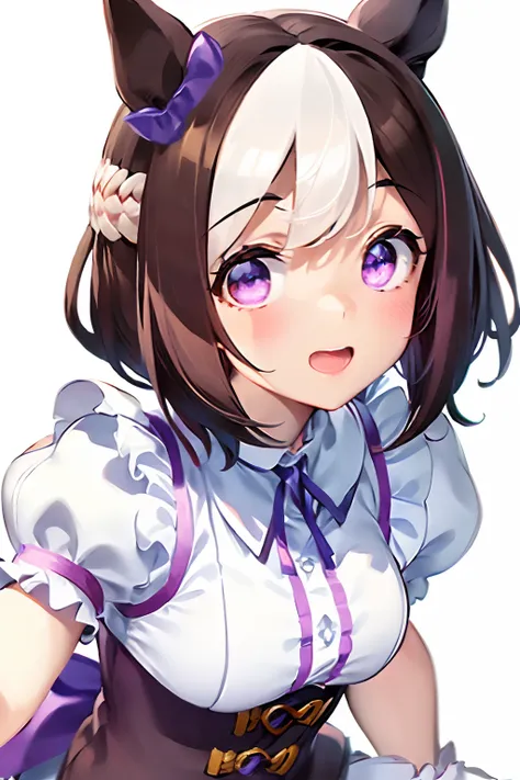 special_week_(Umamusume)、bow ribbon、bow ribbon、bow ribbon、corsets、Fluffy breasts、maid clothes、The upper part of the body、(Refers to the viewer:1.3)、Happiness、(White background:1.5)、(front-facing view:1.3)