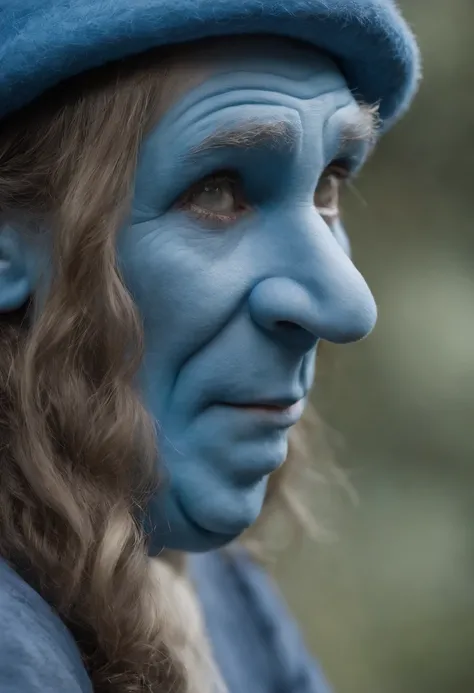 Foto de close-up de um rapaz alegre, rosto pintado estilo smurf