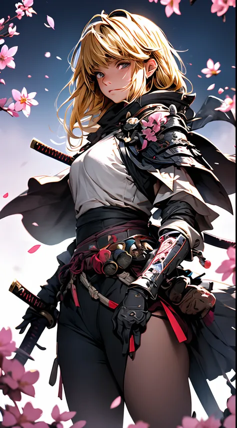 The most brave and noble turtle samurai warrior, blonde hair, blue eyes, incredibly detailed black samurai armor with mounted sashimono war flag, cherry blossoms blowing in the wind, perfect masterpiece, high quality, high resolution