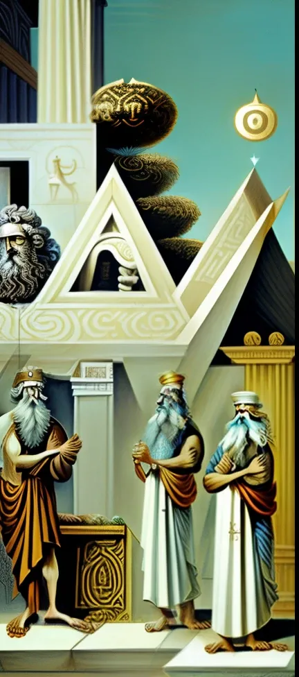 ((  Pythagoras )) arafed picture of a man with a beard and a beard standing in front of a building, archimedes, hermes trismegistus, gregory euclide, inspired by Theophanes the Greek, pythagorean theorem, theophanes, non - euclidian, by Evelyn De Morgan