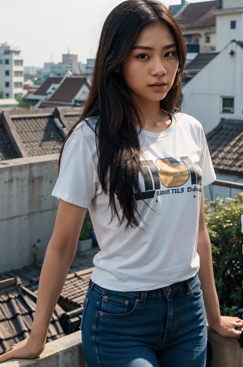 Thai Woman, look at viewer, long hair, T-Shirt , jeans, (town rooftop), film grain, rim light, lens 135mm f.2.0,