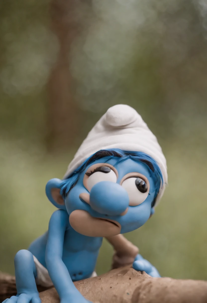 Foto de close-up de um rapaz, rosto pintado estilo smurf, direita para a esquerda, chapeu pequeno