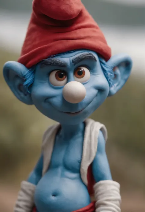 Foto de close-up de um rapaz, rosto pintado estilo smurf, direita para a esquerda, chapeu pequeno