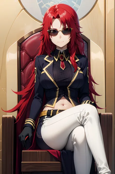 masterpiece, best quality, absurdres, perfect anatomy, 1girl, solo, MoriQSuit, long hair, pant suit, navel, black gloves, white belt, sunglasses, eyewear on head, indoors, sitting, throne, smirk, crossed legs, red hair,red eyes