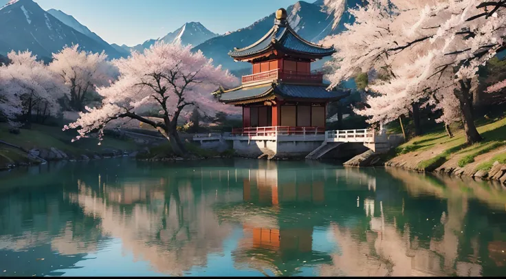 ultra-detailed,chinese traditional culture,dreamlike landscape,traditional painting technique,vivid colors,majestic mountains,serene water,peaceful atmosphere,cherry blossoms,breathtaking scenery,serene dragon companion,natural harmony,jubilant energy,tran...