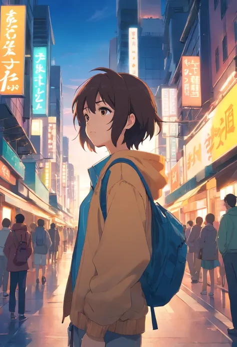 Um menino, transformado em um estilo anime, with exaggerated facial features and unique clothing, Standing on a busy city street, fundo retroiluminado destacando o assunto, cores de alto contraste, 4K high definition quality, jovem, bonito, cabelo loiro, c...