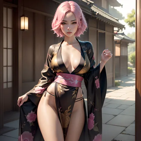 (best quality, ultra-detailed, photo-realistic:1.37), HDR, Japanese, short hair, flowing pink hair in the wind, beautiful detailed eyes, beautiful detailed lips, slim body, black kimono with golden details on the edges, open kimono, delicate white lingerie