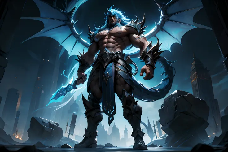 azazel tiamat stands tall and imposing with a broad, muscular build reminiscent of characters often found in the "bara" genre. h...