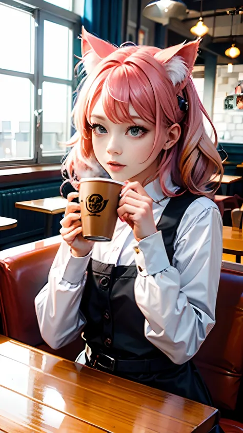 Cat girl with pink hair is drinking coffee in a café