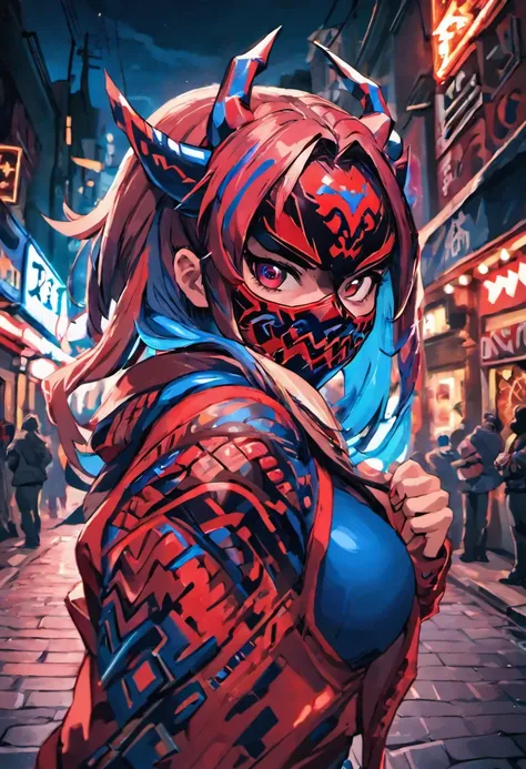 fotografia de close-up, jovem mulher confiante com cabelos azuis e um coque, Wearing an Oni Mask with Red and Blue Designs, on a street at night, fotorrealista, Cinematic lighting