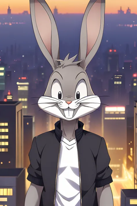 gloves, male, solo, bugs bunny, rabbit, buckteeth, city, long ears, grey body, grey fur, white fur,furry,anime style, anime scre...