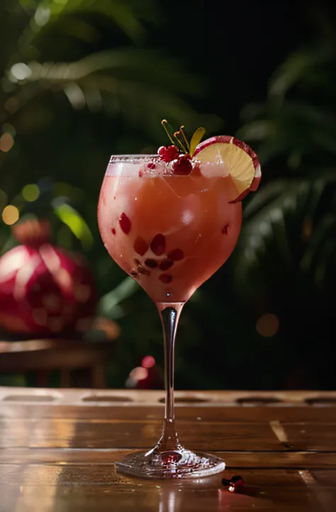 imagen realista, cinematografic, hiper real, 8k, Professional Photography Lighting for Magazine, ((Exotic drink Pomegranate Champagne Cocktail))