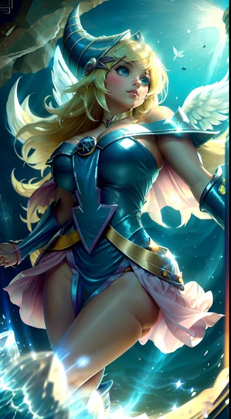 ((obra maestra)), La mejor calidad, absurdos, ultra detallado, Super hermosa dark magician gils  con hermosos ojos verdes, hermoso cabello rubio brillante, Cola de caballo alta, Cuerpo agradable y sexy, Coming down from heaven in a beautiful fighting angel...