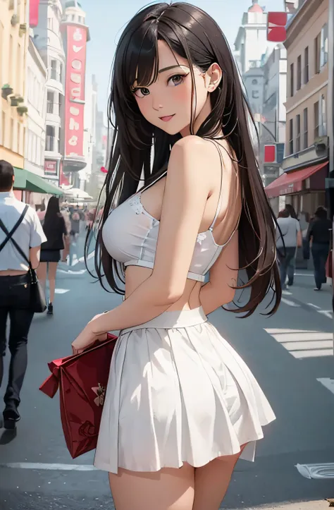 a girl in valentines day waiting for her boyfriend showing her tits, sexy tight skirt, ((detailed )), festival landscape or cityscape, medium breasts, flirtatious, ((very detailed)), perfectly detailed face, detailed hand, photorealistic image.